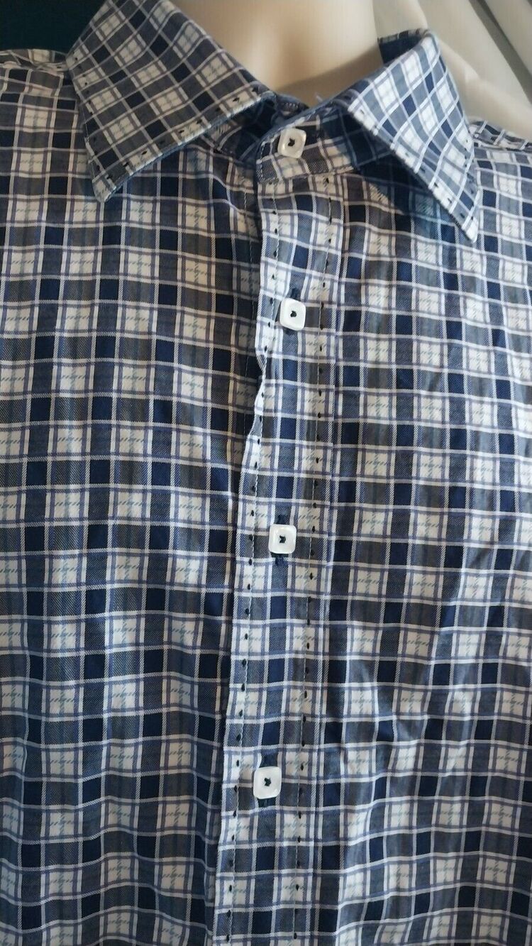 Mens Long Sleeve XXL Shaped Fit Blue White Check Bugatchi